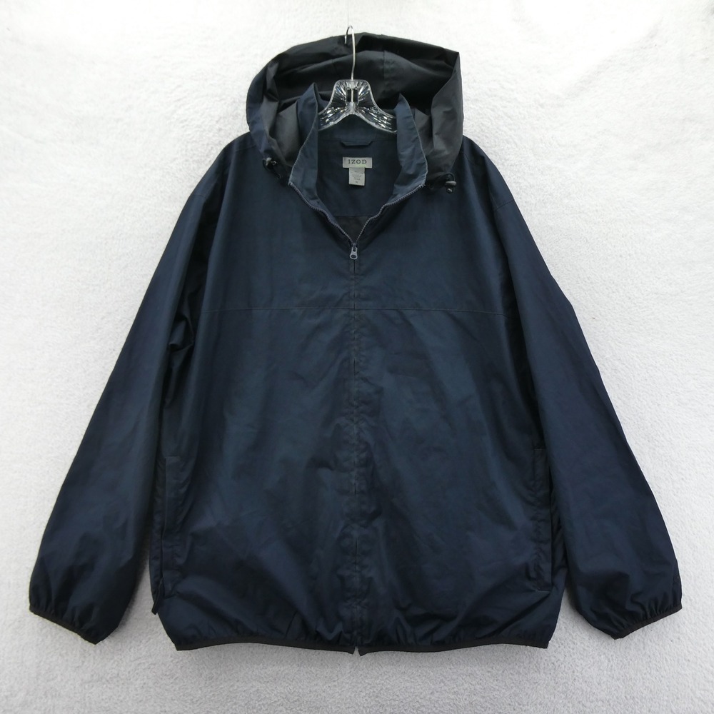 IZOD Jacket Mens XL Windbreaker Navy Blue Hooded Full‎ Zip Polyester XFG Coat